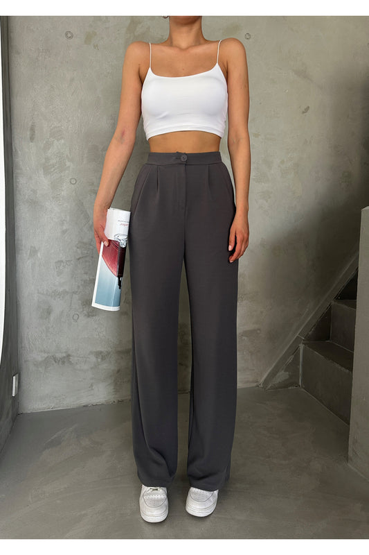Laluvia Anthracite Buttoned Pile Detailed Palazzo Trousers Women