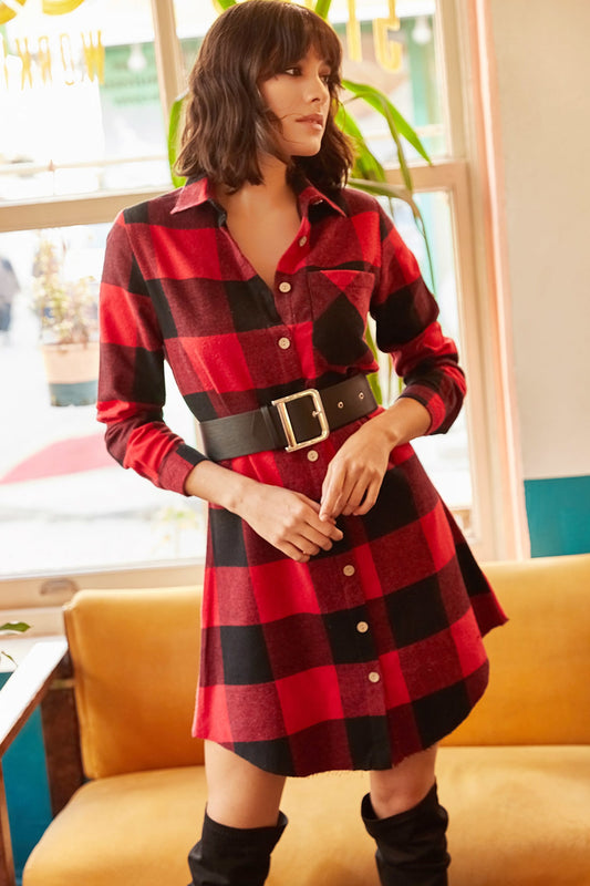 Olalook Women's Red Lumberjack Thick Plaid Tunic Dress Women