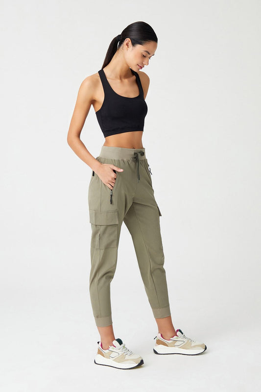 Los Ojos Women's Khaki Cargo Pocket Jogger Pants with Elastic Waist and Legs Cargo Khaki Green Women