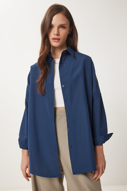 Happiness İstanbul Women's Navy Blue Oversize Long Basic Shirt Women
