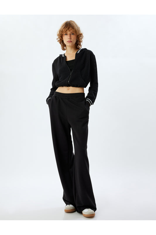 Koton Hooded Zippered Crop Sweatshirt - Openwork, Long Sleeve, Ribbed Black Women