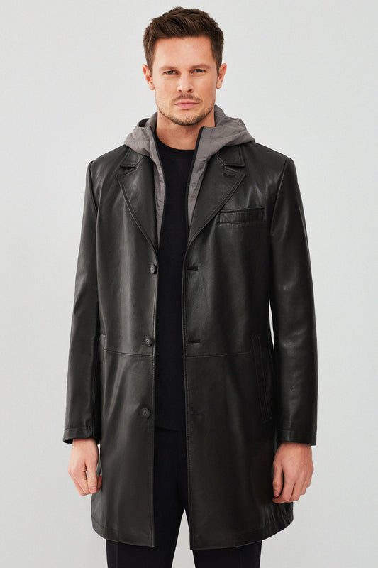 Derimod Men's Black Hooded Long Leather Jacket - Dias Black-black Men