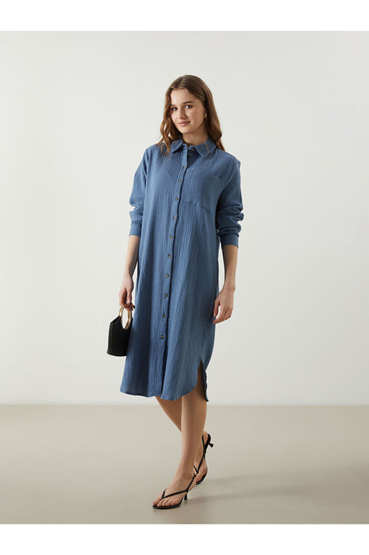 LC Waikiki Blue Textured Women's Shirt Dress by Güli̇s Gi̇yi̇m Women