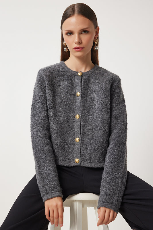 Happiness İstanbul Women's Anthracite Boucle Knitwear Jacket Cardigan Women