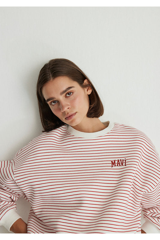 Mavi Logo Printed Red Striped Sweatshirt Women