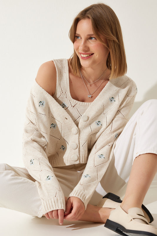 Happiness İstanbul Women's Cream Floral Embroidered Cardigan Athlete Knitwear Suit Nude Color Women