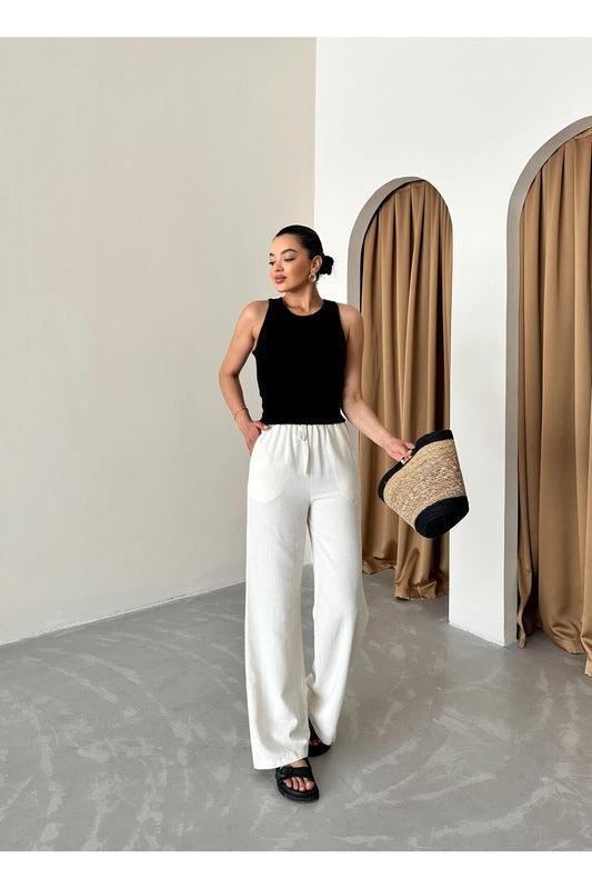Laluvia Stone Waist Elasticated Cotton Linen Trousers Women