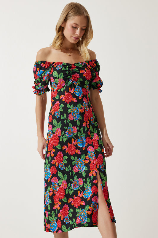 Happiness İstanbul Women's Red Elastic Carmen Collar Summer Viscose Dress Women