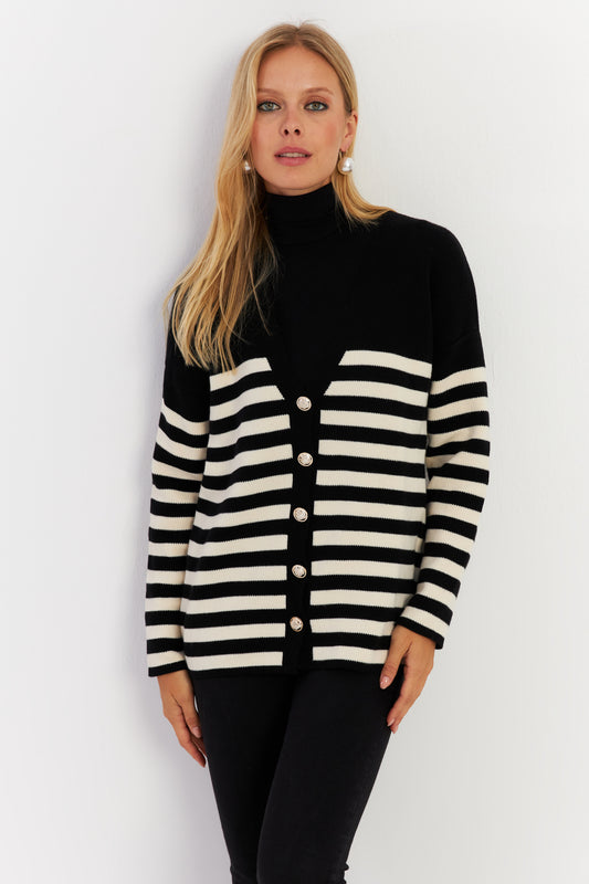 Cool & Sexy Black-White Striped Women's Knitwear Cardigan - Cng3 Black And White Women