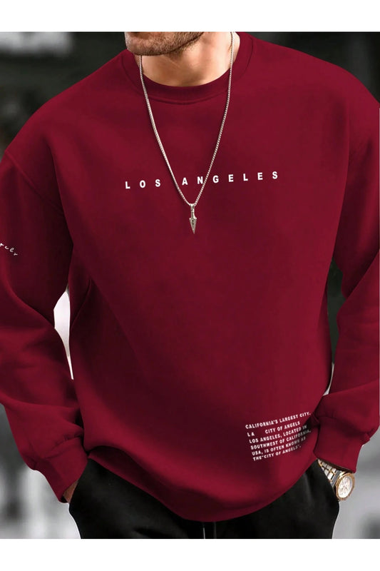MOONBULL Men's Los Angeles Right Sleeve-Left Waist Printed Oversize Sweatshirt Burgundy Men