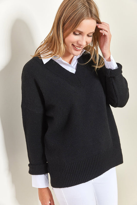 Bianco Lucci Women's V-Neck Knitwear Sweater Black Women