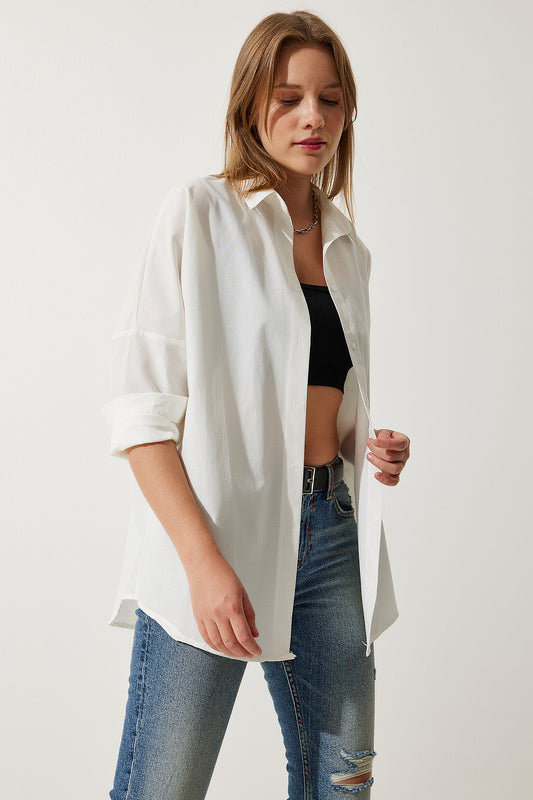 Happiness İstanbul Women's Ecru Oversize Long Basic Shirt Women