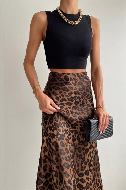 Ritnice Women's Brown Leopard Midi Satin Skirt Women