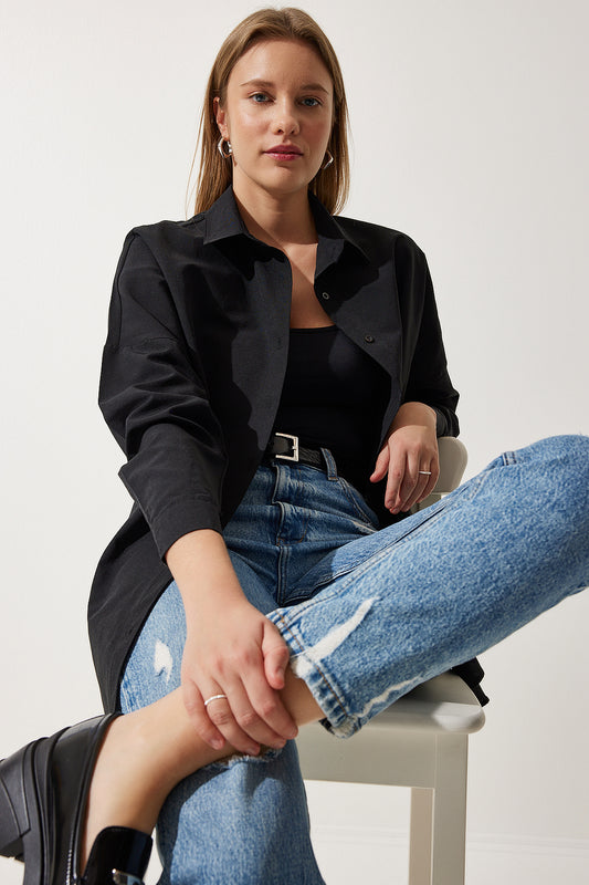 Happiness İstanbul Women's Black Oversized Long Basic Size 36 Shirt Women