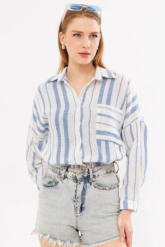 armonika Saks Colorful Long Sleeve Oversize Shirt - Pocket Detail and Pleated Back Flowerpot Women