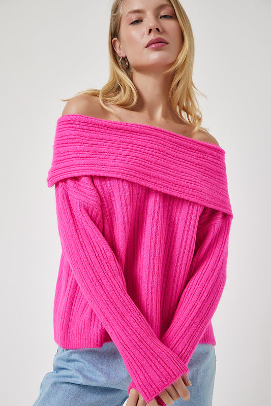 Happiness İstanbul Women's Fuchsia Madonna Collar Knitwear Sweater Women