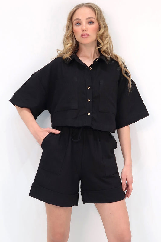 Trend Alaçatı Stili Woman's Black Double Pocket Shirt and Shorts Linen Set ALC Women