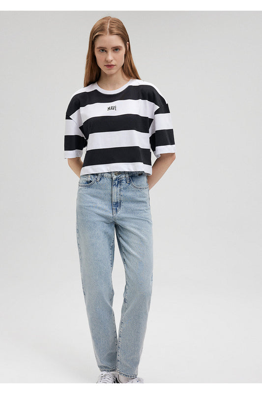 Mavi Black Striped Logo Printed Crop T-Shirt - Short Women