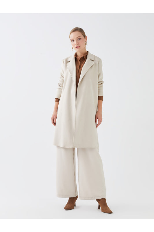 LC Waikiki Women's Trench Coat - Solid, Long Sleeve and Jacket Collar Ecru Women