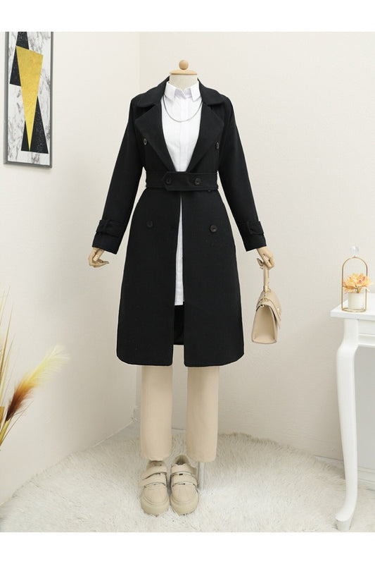 Modamorfo Belted Lined Bolero Detailed Coat -Black Women