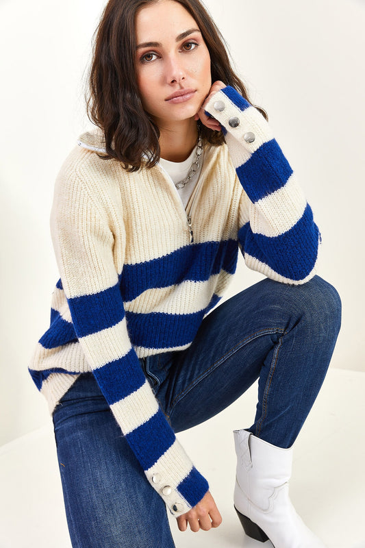 Bianco Lucci Women's Zippered Turtleneck Thick Striped Sleeves Button Detailed Knitwear Sweater Blue Women