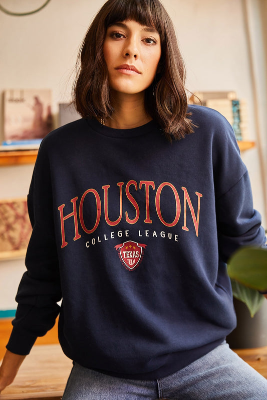 Olalook Women's Navy Blue Houston Printed Ribbed Sweatshirt Women