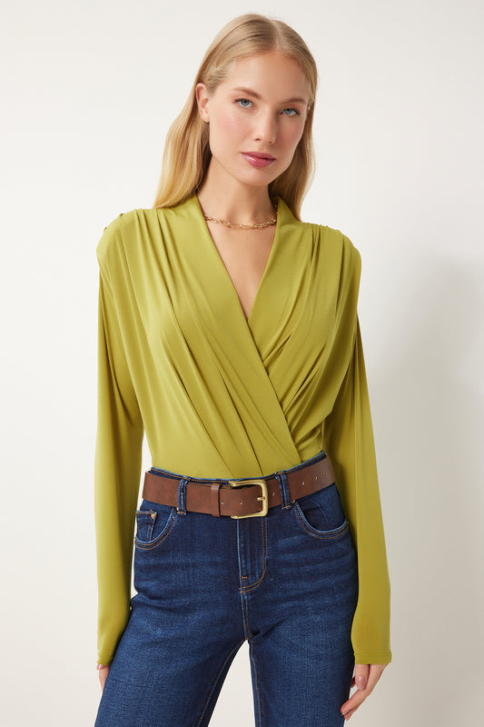 Happiness İstanbul Oil Green Padded Wraped Collar Women's Blouse Women