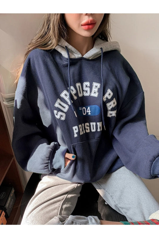 Know Women's 3 Thread Navy Blue Suppose Printed Oversize Sweatshirt Women