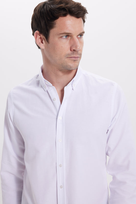 Tudors Men's Slim Fit Slim Fit Long Sleeve Cotton Oxford Texture Easy Iron White Button Lapel Shirt Men
