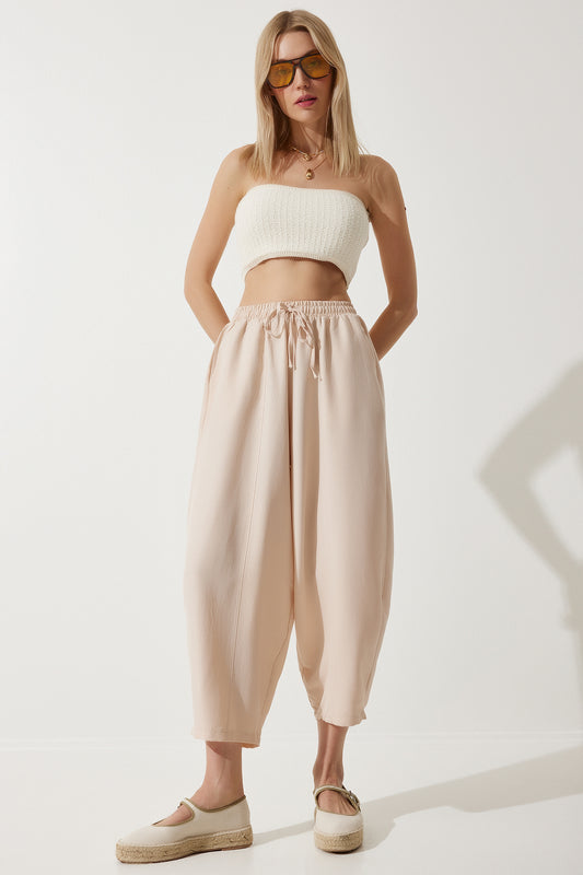 Happiness İstanbul Women's Cream Pocketed Linen Viscose Shalwar Trousers Women