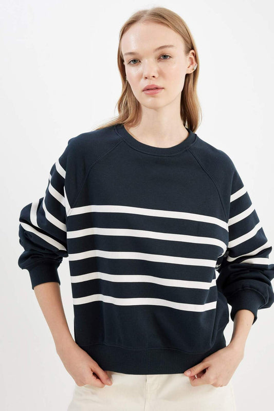 DeFacto Oversized Wide Fit Crew Neck Striped Thick Sweatshirt Navy Blue Women