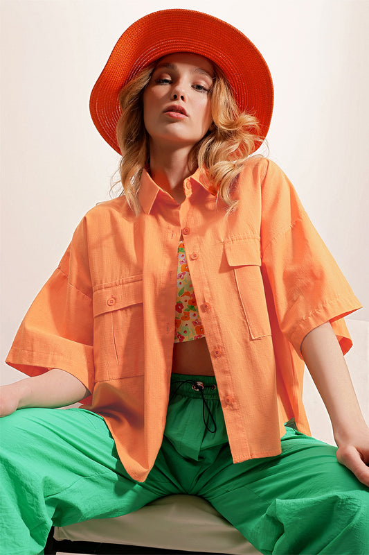 Trend Alaçatı Stili Women's Orange Double Pocket Half Sleeve Linen Shirt ALC Women