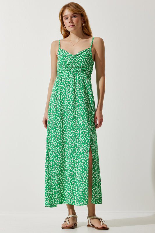 Happiness İstanbul Women's Green Strap Patterned Viscose Dress Women