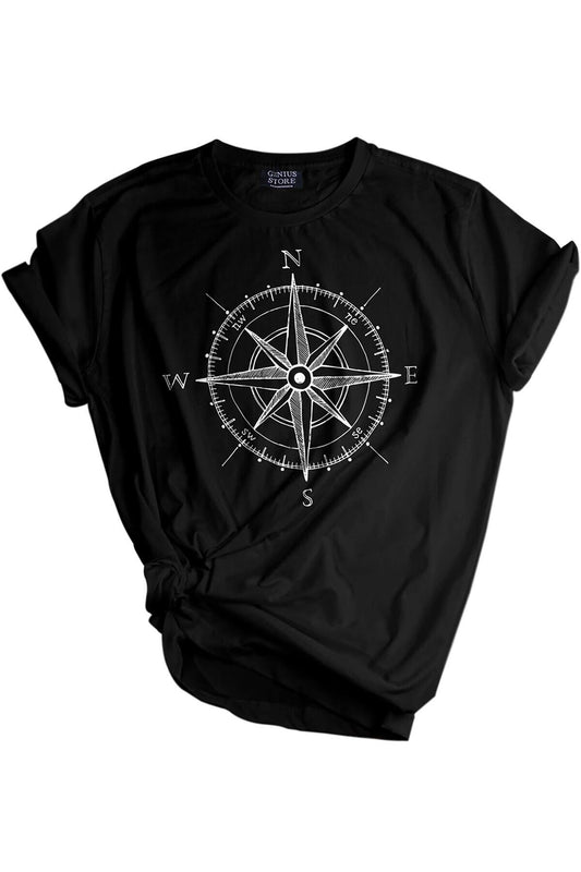 GENIUS STORE Store Unisex Printed T-Shirt Outdoor Regular Fit Tshirt Compass Black Unisex