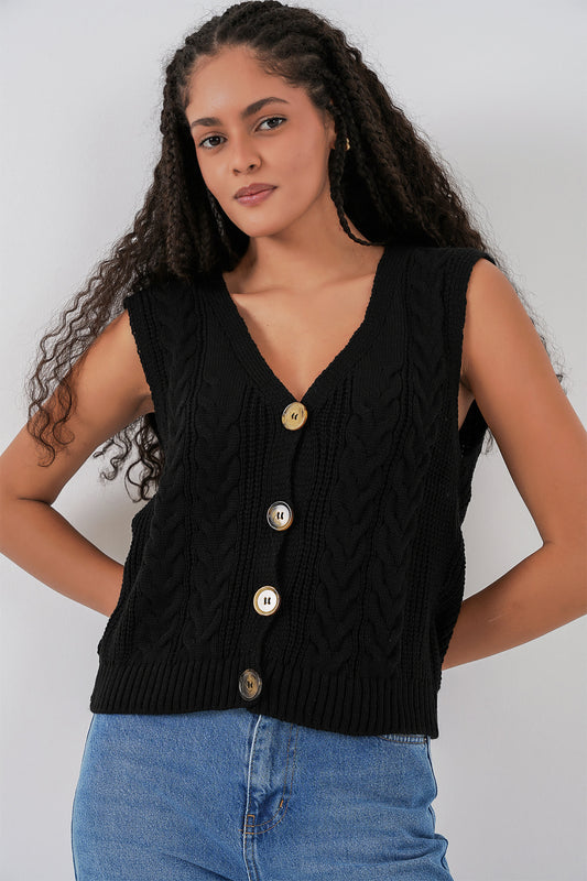 Bigdart Model - Black Short Knitwear Vest with Buttons Women