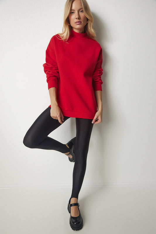 Happiness İstanbul Women's Red Stand Collar Basic Ribbed Sweatshirt Women