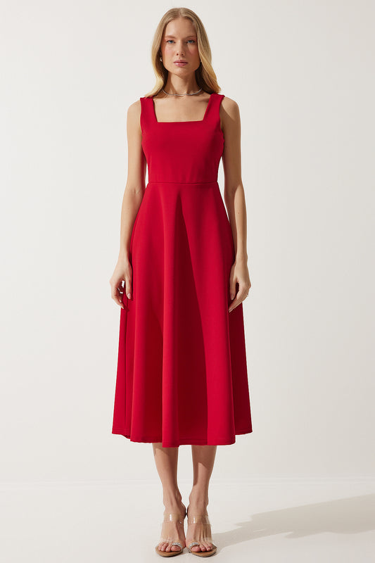 Happiness İstanbul Women's Red Square Collar A-line Dress Women