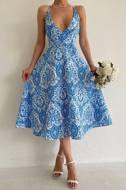 Madmext Blue Patterned Low-cut Midi Dress Women