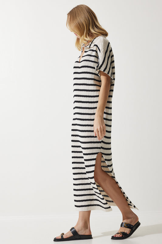 Happiness İstanbul Women's Cream Deep V-Neck Striped Seasonal Knitwear Dress Women