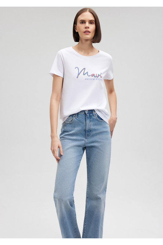 Mavi Printed White T-Shirt Slim Fit - Slim Women