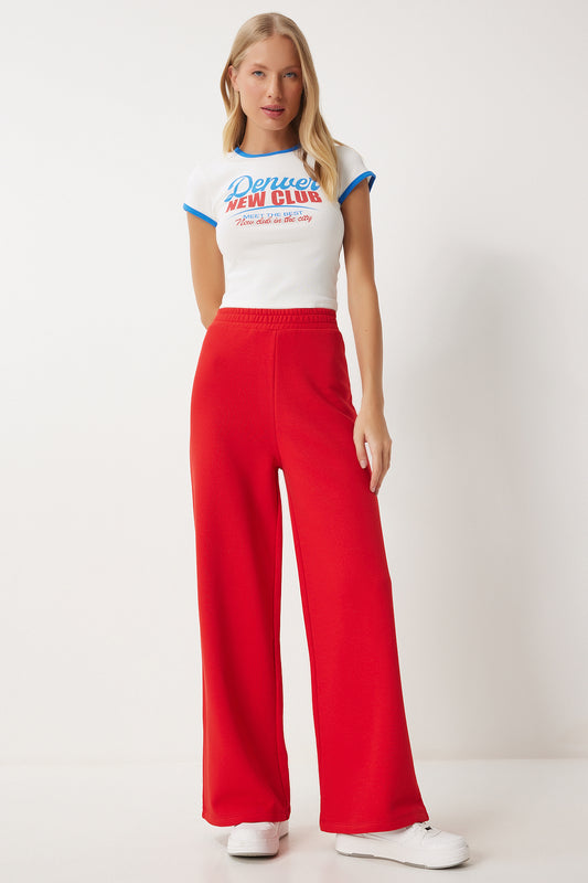 Happiness İstanbul Women's Red Wide Leg Raised Thick Sweatpants Women