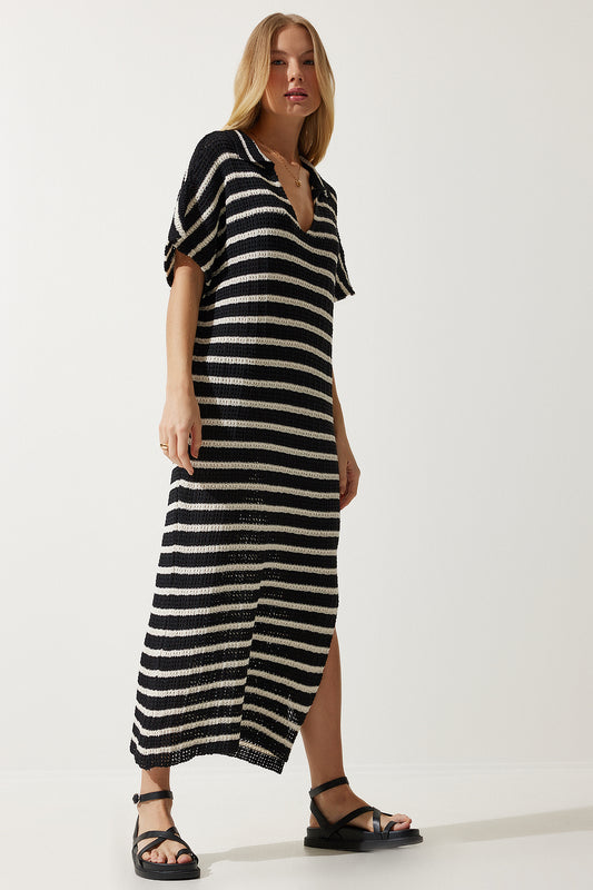 Happiness İstanbul Women's Black Deep V-Neck Striped Seasonal Knitwear Dress Women