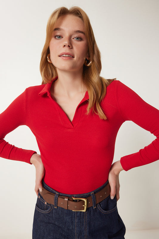 Happiness İstanbul Women's Red Polo Neck Corded Knitted Blouse Women