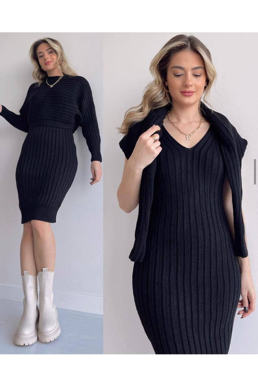 DünyaM MODA Women's Black Bat Sleeve Double Knitwear Suit Women
