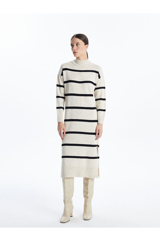 LC Waikiki Beige Mock Neck Striped Women's Knitwear Dress Women
