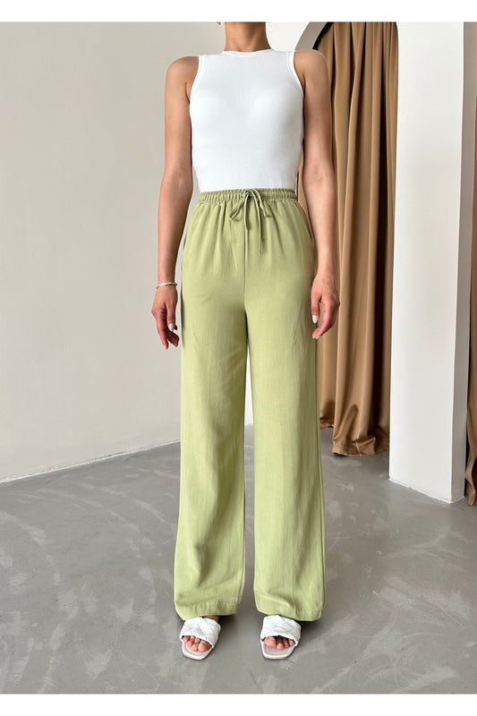 My Blog Khaki Elastic Waist Linen Straight Trousers Women