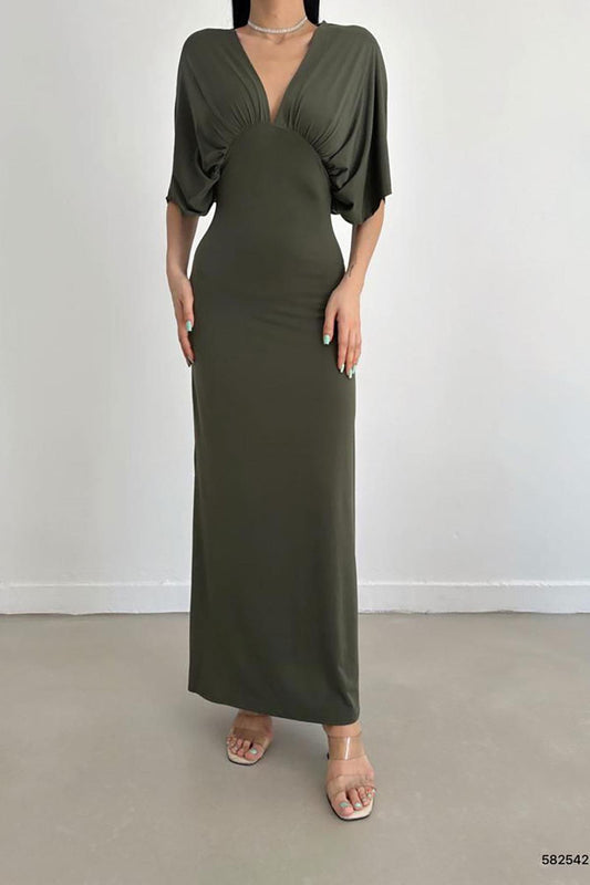 Deafox Khaki Bat Sleeve Sandy Fabric Long Slit Detail Dress Women