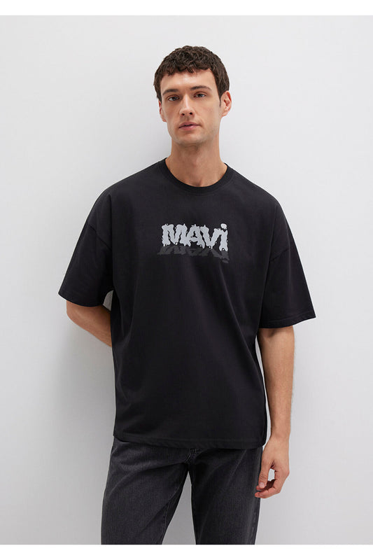 Mavi Logo Printed Black T-Shirt Oversize - Wide Cut Men
