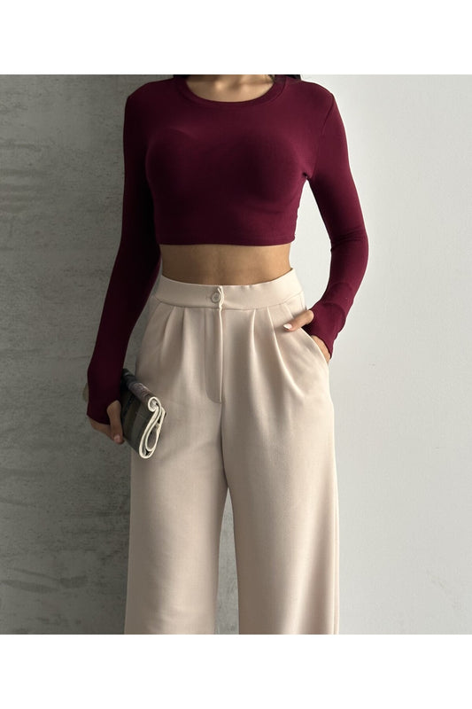 modazoom Women's Cream Lycra Pleated High Waist Palazzo Trousers Beige Women