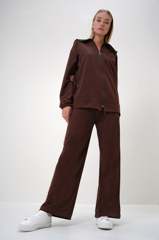 Trend Alaçatı Stili Women's Brown Polo Collar Zippered Jacket and Trousers Double Set Alc Women